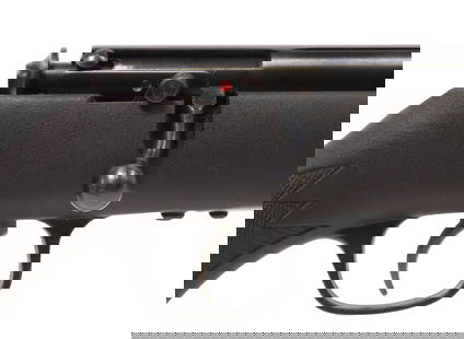 SAVAGE MK II RIFLE, .22 CALIBER, COMPOSITE STOCK: Savage Mark II Rifle, bolt action, .22L,LR caliber. 21" barrel, blade front sight, adjustable rear sight, thumb safety at right, lacks magazine, thumb safety at right, black synthetic stock,