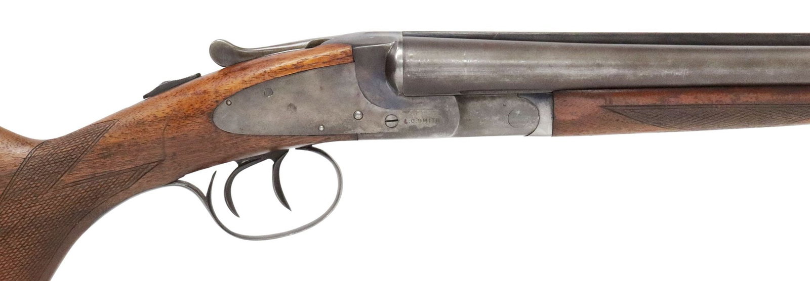 L.C. SMITH SXS 20 GAUGE SHOTGUN & SCARCE ORIGINAL PROOF TEST CARD: L.C. Smith Side by Side Shotgun, C. 1925. 20 gauge, 2.75" chamber, 28" "Armor Steel" barrels with raised solid rib, bead front sight, the right barrel marked near the breech "