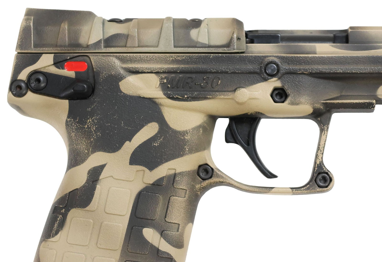 KEL=TEC PMR-30 .22 MAGNUM PISTOL: Kel-Tec Model PMR-30 Pistol, camouflage finish, .22WMR caliber, 4.25" barrel, green fiberoptic front sight, dual red fiberoptic rear sights, accessory rail, ambidextrous safety, detachable 