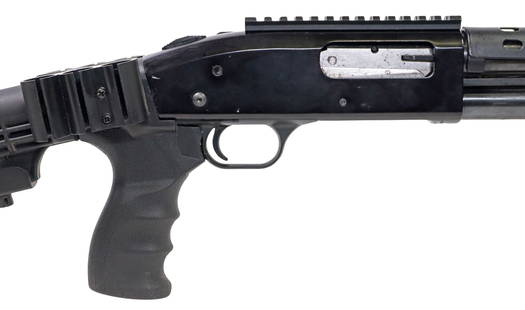 MOSSBERG 500A 12GA SHOTGUN, FLASHLIGHT, SHELL HOLDERS: Mossberg 500A Shotgun, Slide Action, 12 gauge, a 18.5" barrel with bead front sight and vented barrel shroud, lower rail with tactical flashlight (needs CR123A batteries) and handle with