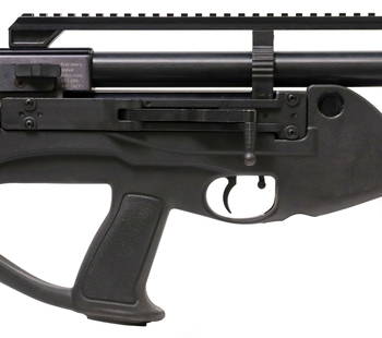 HATSAN HERCULES BULLY .30 CAL AIR RIFLE: Hatsan Hercules "Bully" Air Rifle, side lever action, .30 caliber, installed silencer, upper accessory rail, short lower accessory rail, synthetic stock, carbon fiber air