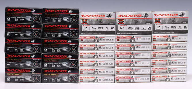 (205) AMMO, 12GA. WINCHESTER DEFENDER & OO BUCKSHOT: (lot of 205) Ammunition: (100 shells) Winchester Defender 1oz. Rifled Slugs with Three 00 Buck Pellets, 12 gauge, 2.75" shells, housed in boxes of 10 shells; (105 shells) Winchester
