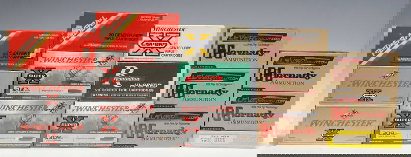 (300) AMMO, CALIBERS 35, 308, 243, 30-30: (lot of 300) Ammunition: (100) Hornady 35 Rem cartridges, 200 gr, FTX; (40) Winchester Super X 35 Rem cartridges, 200gr, Power-Point; (40) Federal 35 Rem cartridges, 200gr, Soft