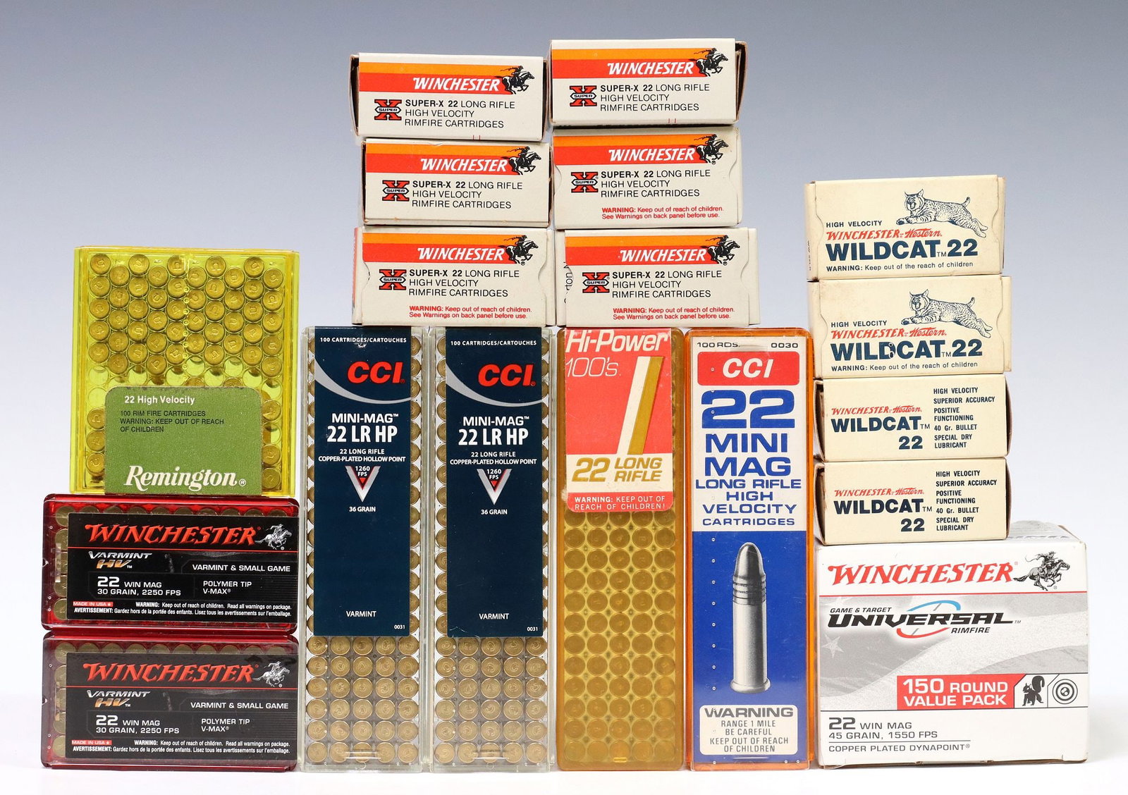 (1150) AMMO, 22 WIN MAGNUM & 22 LR: (lot of 1228) Ammunition: (150) Winchester Win Mag cartridges, 45gr housed in one box; (100) Winchester 22 Win mag cartridge, 30gr, housed in two boxes; (200) CCI Mini-Mag 22 Long Rifle, Hollow P