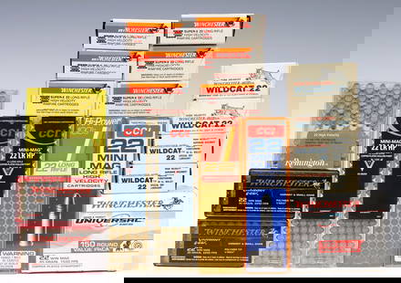 (1150) AMMO, 22 WIN MAGNUM & 22 LR: (lot of 1228) Ammunition: (150) Winchester Win Mag cartridges, 45gr housed in one box; (100) Winchester 22 Win mag cartridge, 30gr, housed in two boxes; (200) CCI Mini-Mag 22 Long Rifle, Hollow