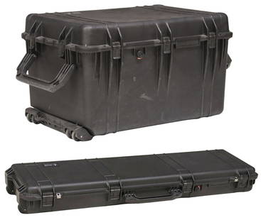 PELICAN 1750 RIFLE CASE, LITTLE USE: (lot of 2) Pelican Cases: (1) Pelican 1660 protector case, Pelican Products, Torrance, California, fold-down handles, interior with foam inserts, consignor states never used, retail price is approx.