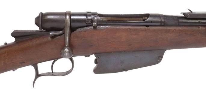 ANTIQUE ITALIAN BRESCIA RIFLE, 1880: Italian Model 1870 /84 Rifle, bolt action, 6.5mm caliber, 33.75" round barrel, bayonet lug, two barrel bands, adjustable rear sight, the octagonal section of the barrel
