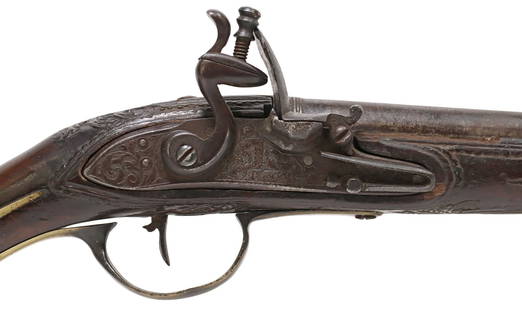 ANTIQUE FLINTLOCK PISTOL, PROOF MARKS: Flintlock Pistol, 18th/19th, estimated .60 caliber. 12" round barrel marked at the top opposite the lock with two proof marks difficult to read, one with 'R' at right side of
