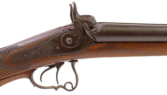 ANTIQUE SIDE BY SIDE SHOTGUN ,: Antique Side by Side Muzzle Load Shotgun, approx. 20 ga, 29" barrels, the raised center rib marked "Josef Esterak", wood ramrod, the lockplates, double hammers and trigger