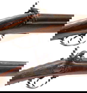 (2) ANTIQUE BELGIUM SHOTGUNS, ONE TANNER & CIE: (2) Antique Belgium Shotguns, (1) Muzzle Load Percussion, approx. 12 gauge, 23" part octagonal, mostly round barrel, bead front sight, single barrel band, " iron