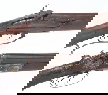 (2) ANTIQUE PERCUSSION SHOTGUN & RIFLE: ,(lot of 2) Antique Percussion Firearms: (1) Percussion rifle, c. 1840's, 26.5" part octagonal, part round rifled barrel, blade front sight (loose), wood ramrod, fixed rear