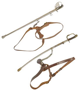 (2) US SWORDS, 1902 WITH ID, & ACADEMY SWORD, BELTS: (2) U.S. Military Swords: (1) U.S. Model 1902 Officer Saber, the 33.5" slightly curving blade saber without fuller and weighing approx.1.10lbs is unmarked at both ricasso, the