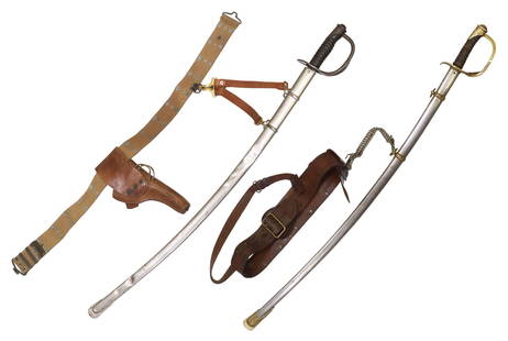 (2) US. M1902 & 1906 SWORDS, BELTS, HOLSTER, HANGERS: (lot of 2) Military Swords: (1) U.S. Model 1906 Light Cavalry Sword, the curving 34.5" blade marked at the right ricasso "A.S. Co.. over an ordnance bomb, over 1906" (Ames