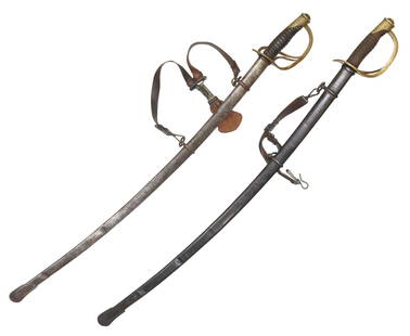 (2) MODEL 1860 SWORDS, AMES & ROBY: (2) U.S. Model 1860 Cavalry Swords: (1) the 34.75" curving blade marked at the right ricasso "U.S., A.D.K., 1863" (U.S. inspector A.D. King), the left ricasso marked
