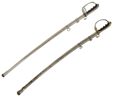 (2) U.S. MODEL 1902 DRESS SWORDS,: (lot of 2) U.S. Model 1902 Sabesr: (1) having a 31" slightly curved blade with engraving including U.S., flags drums, and cannon, a blank name panel, and foliate embellishments, the left
