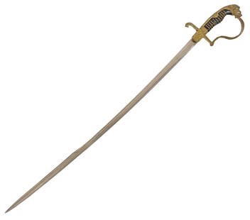 FINE GERMAN W.K.C PRE-WWI LION HEAD SWORD: (1) German sword, the very slightly curved 30.5" irregular hamon patterned blade marked at the right side within a banner "Eisenhauer" (iron cutter), the gilt marked right