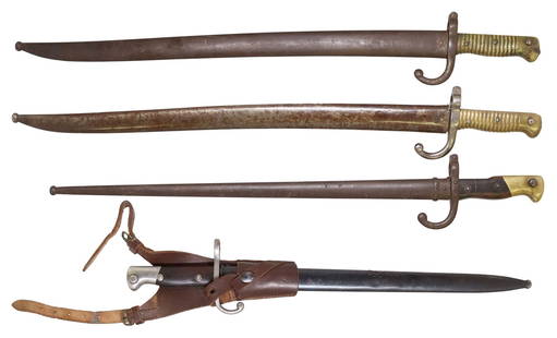(4) ANTIQUE BAYONETS, FRENCH & ARGENTINE: (lot of 4) Antique Military Bayonets: (2) French Model 1866 bayonets with 22.5" Yataghan blades, one marked at the spine Manufacture de Armes de St Etienne and dated 1870, the other