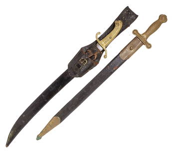 (2) FOOT ARTILLERY SWORD & GERMAN SHORT SWORD: (1) U.S. Model 1832 Foot Artillery Sword, mfg. c. 1890's, the 18.25" straight blade marked at the ricasso "The Henderson Ames Co, Kalamazoo, Mich", a brass guard, brass fish scale