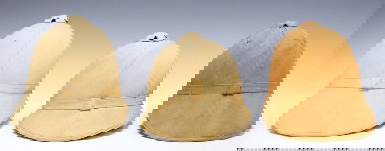 (3) U.S. ARMY SUMMER CORK HATS, 1880s: (lot of 3) U.S. Army Summer Pith or Cork Hats, c.1880's, marked sizes 7 and 7.1/4, one with a few brown spots on the exterior but overall in good condition in and out, lacks chin strap, a