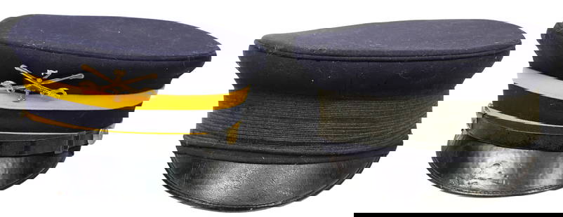 (2) U.S. ARMY MODEL 1902 DRESS CAPS: (2) U.S. Army Pattern 1902 Dress Caps: (1) Dress cap bearing the insignia of the 7th Cavalry, I Company, two yellow bands, eagle buttons at left and right, the sweat band marked size