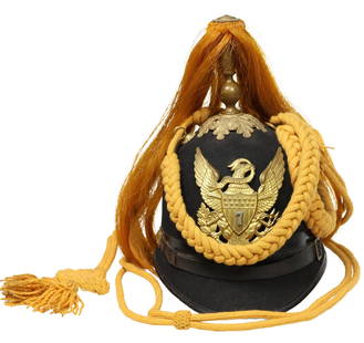 U.S. ARMY MODEL 1881 SPIKE & PLUME DRESS HELMET, 7th CAVALRY: U.S. Army Model 1881 Dress Helmet, blue with yellow plume and yellow cord of sufficient length to help prevent loss of helmet, the front large brass plate depicting the American