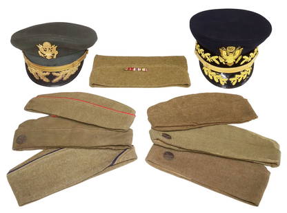 (8) MILITARY HATS, ONE GENERALS HAT: (lot of 8) Military Hats: (1) U.S. Army General's Hat in black with embellished in gold bullion including the bullion Great Seal of the United States, white tag on sweat band numbered