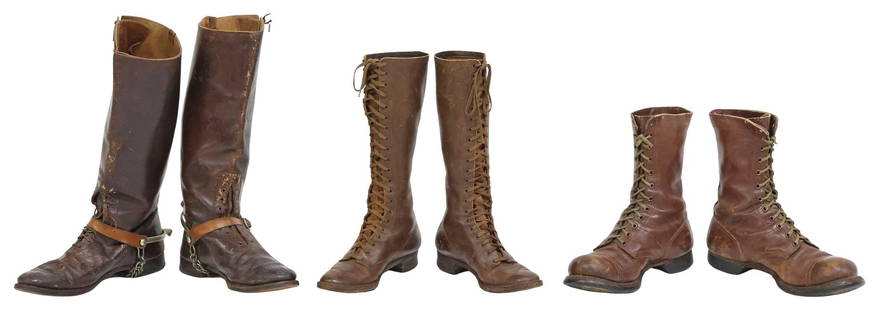 (3 PR) U.S. WWI CAVALRY, CORCORAN WWII JUMP BOOTS: (lot of 3 pr.) Riding Boots, WWI, WW2, WWI Era: (1) pair WWI era cavalry boots, partial lace up at ankle, partial lace up at top, approx. 17.25"h, heel to toe 12.1/8", boots have no apparent maker