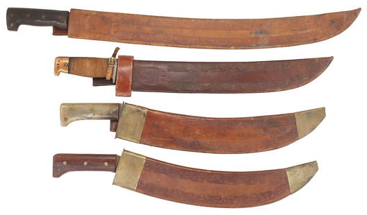(4) COLLINS & CO LEGITIMUS MACHETTES, M127, 260, 1005: (lot of 4) Collins & Co. Machetes: (1) Engineers Model 1005, a 15" curving blade with horn four pin handle clearly marked near left ricasso "Collins & Co Harford, No 1005,