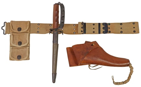 (4) TRENCH KNIFE, MILLS BELT, 1881 HOLSTER, CARTRIDGE POUCH