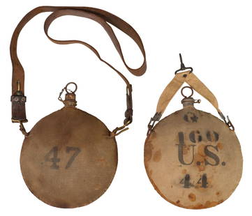 (2) U.S. ARMY MODEL 1878 CANTEENS, ROCK ISLAND ARSENAL: (lot of 2) U.S. Model 1878 Canteens, Rock Island Arsenal, likely used in WWI: (1) U.S. Model 1878, steel with a cork at the spout, he sewn on canvas cover marked at one side "47" (47th