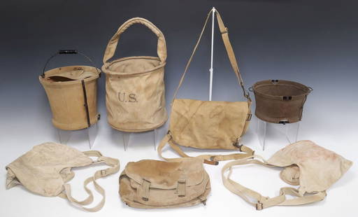 (7) U.S. MILITARY ITEMS, MOSTLY WWI: (lot of 7) U.S. Military items, most WWI era: (2) U.S. WWI era expandable canvas washbasin, one marked at the underside "110B, Mfd By, The Planet Col, Westfield, Mass", one hand