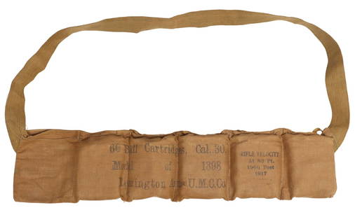 AMMO, WWI BANDOLIER & 50 KRAG .30 CAL CARTRIDGES, REMINGTON: WWI U.S. Remington Arms U.M.C. Co. 1917 Cartridge Bandolier with .30 caliber ball ammunition, Model 1898 (.30-40 Krag-Jorgensen), the bandolier with four unopened, sewn shut, pouches with cartridges,