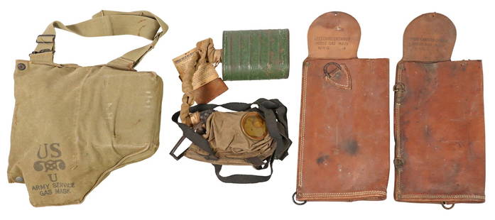 (4) U.S. ARMY WWI & WWII GAS MASKS & HORSE CANISTER CASES: (lot of 4) U.S. Military Gas Masks and Horse canister cases: (1) WWI era U.S. A.E.F. Gas Mask, appears complete, eye pieces in good condition, retains wood mouth piece, black inner material is
