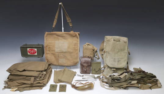 MISCELLANEOUS U.S. ARMY ITEMS: (lot) Miscellaneous Military Items: (1) Model 1904 Haversack; (2) Pedersen Device Magazine pouches, lacking covers, each with belt hooks and stamped "R.I.A. 9-19, each pouch accommodates