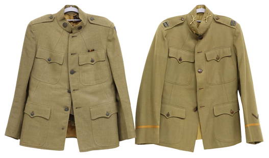 (2) U.S. ARMY M1917 CUSTOM COATS, ONE WITH REG. TROUSERS: (2) U.S. Army Model 1917 Custom Uniform Coats and one with Trousers: (1) having a 2" standup collar with insignia "U.S." and "4th Infantry Regiment, Company L, buttoned should