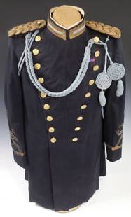 U.S. ARMY M1902 INFANTRY OFFICER DRESS COAT, IDENTIFIED: U.S. Army Model 1902 Officer Dress Coat, Infantry, dark blue, having a 1.5" stand up collar faced with the blue infantry stripe within gold braid, collar is secured by two eye hooks, gilt braid