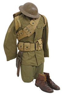 (4) U.S. WWI CAVALRY UNIFORM & ACCOUTREMENTS: U.S. WWI Uniform & Accoutrements, likely assembled, most mounted on a mannequin and not examined off the mannequin, includes a 3rd Infantry Division Brodie helmet with chin strap and