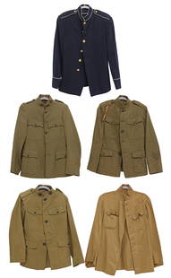 (5) U.S. ARMY COATS 1898, 1902, 1912, 1917: (5) U.S. Army Clothing: (1) c.1898-1902 Summer cotton khaki jacket, likely Philippines use, having a 2.5" standup collar with two hook and eye, no insignia the initials