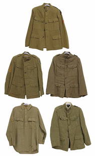(5) U.S. WWI SERVICE COATS & PULL OVER SHIRT: (5) WWI Service Coats: (1) Wool, Pattern 1917, WWI, 2" standup collar with "Lion Brand" size 16 liner and "U.S. and "Infantry" insignia, bronze