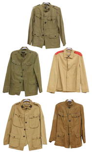 (5) U.S. ARMY EARLY 1900'S UNIFORM SUMMER COATS: (lot of 5) U.S. Army Field Jackets & One Trouser: (1) c. 1908 Field Jacket having a fold open collar bearing the insignia of the 102nd Field Artillery Regiment, five bronzed front