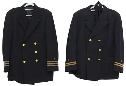 (2) U.S. NAVY UNIFORM COATS, ONE WITH TROUSERS & HAT INSIGNIA, TIE