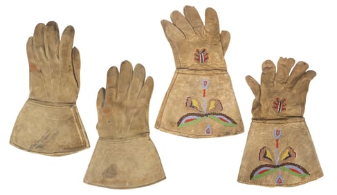 (2 PAIRS) MILITARY STYLE LEATHER GAUNTLETS, 1 NATIVE AMERICAN BEADED PAIR