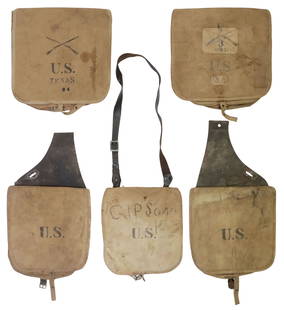 (4) U.S. 1878 HAVERSACKS & SADDLE BAGS: (lot of 4) U.S. Army 1878 Haversacks, Saddle Bags: (1) Pattern 1878 haversack marked at the front "U.S.", hand marked "Gipson" and below possibly "K", original