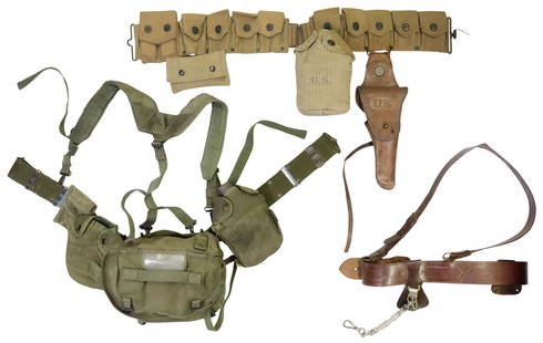 (3) U.S. ARMY WW1 & LATER ACCOUTREMENTS: (3) U.S. Army Accoutrements: (1) Cartridge belt marked at back side "L.C.C . & Co, Right, 10-13" and faded marks appear to read " 19 15", a two part belt with