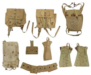 (8) U.S. WWI ACCOUTREMENTS: (lot of 8) U.S: Army Accoutrements: (1) Mills Cartridge Belt, M1918, 12 single flap pouches, one triple pocket pouch, first patent date is, last patent date is Mar. 29 1904, last patent