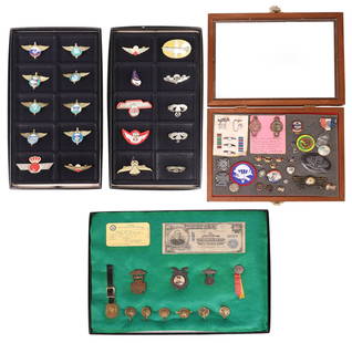 MILITARY ITEMS, WAR OF 1898 ARCHIVE, INSIGNIA, PINS: (lot) Military Collections: (1) Riker box with Spanish American War items of Sgt. Robert Richardson Deacon, (1877-1953), 5th Missouri Volunteer Infantry, Company E, and his