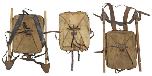 (3) U.S. ARMY MERRIAM BACKPACKS: (lot of 3) U.S. Army Merriam Backpacks: (1) Merriam Pack, c.1890s, the outer canvas flap marked "7th Regt., A, 7" (New York Militia), the interior retains the instruction sheet
