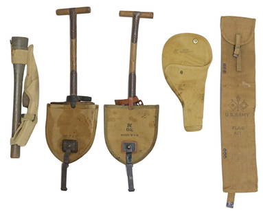 (5) U.S. WWI & WWII ENTRENCHMENT TOOLS, MAP CASE, BRIT GUN CASE: (lot of 5) U.S. WWI & WWI Accoutrements: (1) Pattern 1907 Entrenchment Tool, marked "U.S." on lower shovel tang, the cover, with belt hanger, marked "R.I.A.,