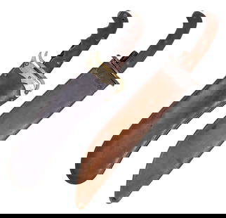 (2) U.S. WWI ERA MILITARY BOLO KNIVES & SCABBARDS: (lot of 2) U.S. Bolo Knives: (1) Model 1902 Hospital Corps Bolo Knife & Scabbard, the shaped 12"l blade marked at the left ricasso "S.A. (Springfield Arsenal) over an