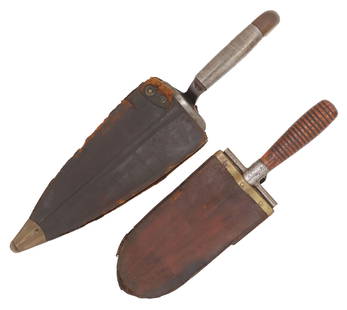 (2) U.S. 1873 TROWEL BAYONET & 1880s ENTRENCH TOOL, SCABBARDS: (lot of 2) U.S. Entrenching tools: (1) U.S. Model 1873 Trowel Bayonet for use with the U.S. Springfield 1873 Trapdoor Rifle, mfg. by the Springfield Armory, the triangular blade is